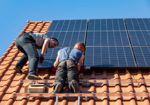 Ochojno,,Poland,-,April,8,,2020:,Workers,Installing,Solar,Electric