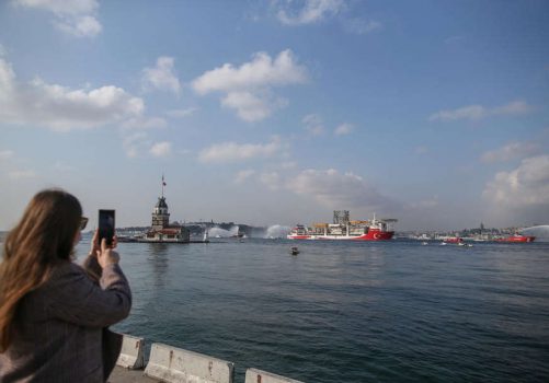 epa08817268 The Turkish drilling vessel Kanuni (back) leaves from Haydarpasa Port at Bosphorus in Istanbul, Turkey, 13 November 2020. The drill ship, with the ability to extend down to depths of 11,400 meters and drill depths of 3,000 meters, was built by Samsung in South Korea in 2012. Kanuni moved to Black Sea from Istanbul Haydarpasa Port for the energy exploration. EPA-EFE/ERDEM SAHIN
